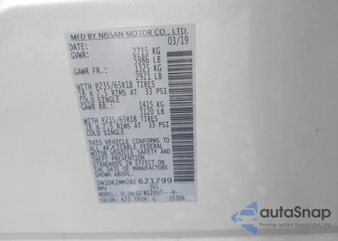 2019 Nissan Pathfinder Sl z USA, uszkodzony, nr VIN 5N1DR2MM2KC621799